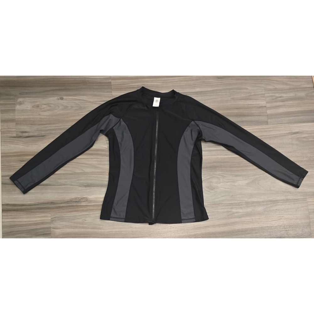 Black Long Sleeve Rash Guard XL UPF 50+ Zip Front Swim Shirt Colorblock - Picture 2 of 8
